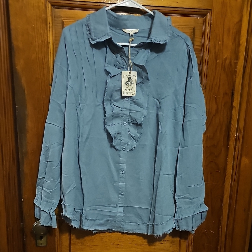 Easel Casual Blue Button Rough Hem Ruffle Shirt 100%cotton Lg